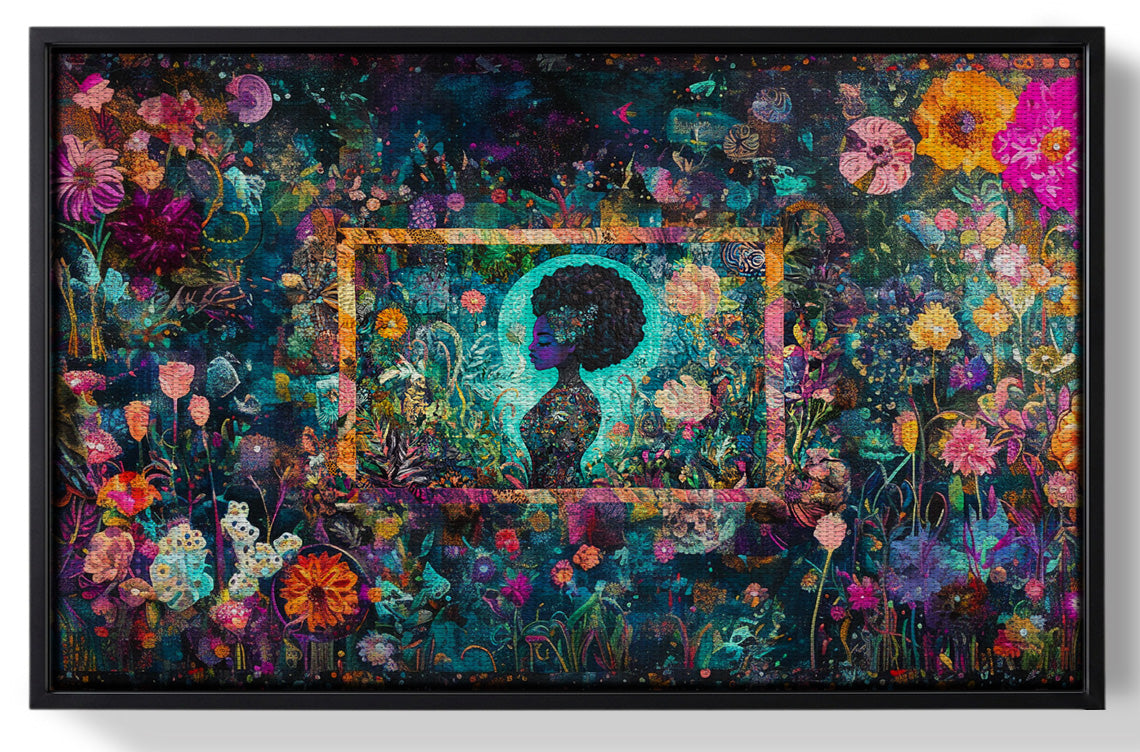 Framed Black Woman Floral Garden African American wall art for home decor