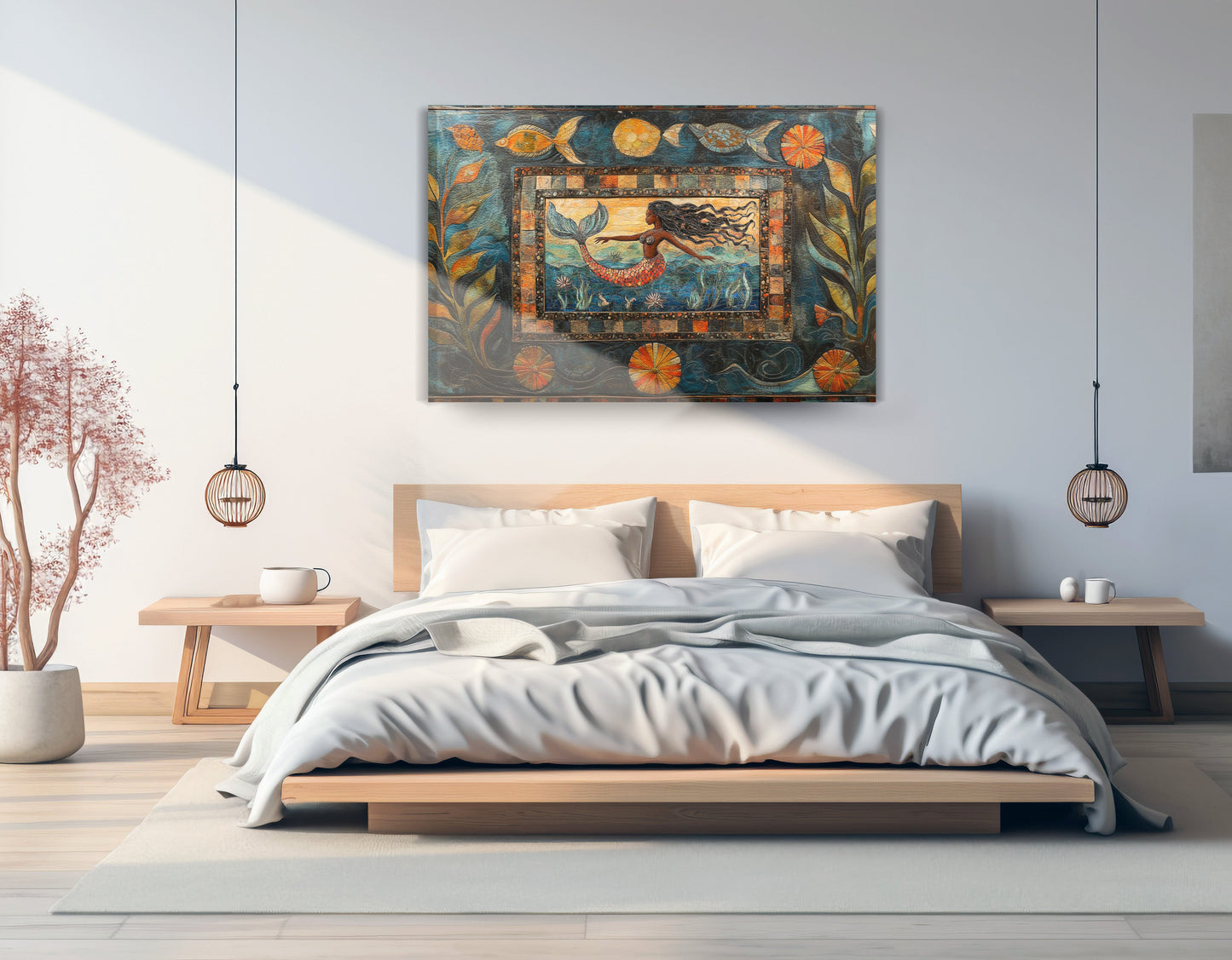 Black Mermaid Folk African American canvas print displayed as bedroom wall decor