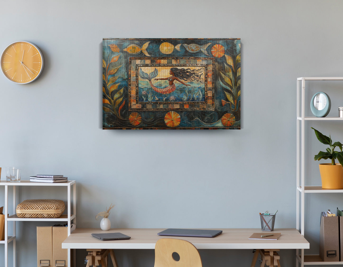 Black Mermaid Folk African American canvas print displayed as office wall decor