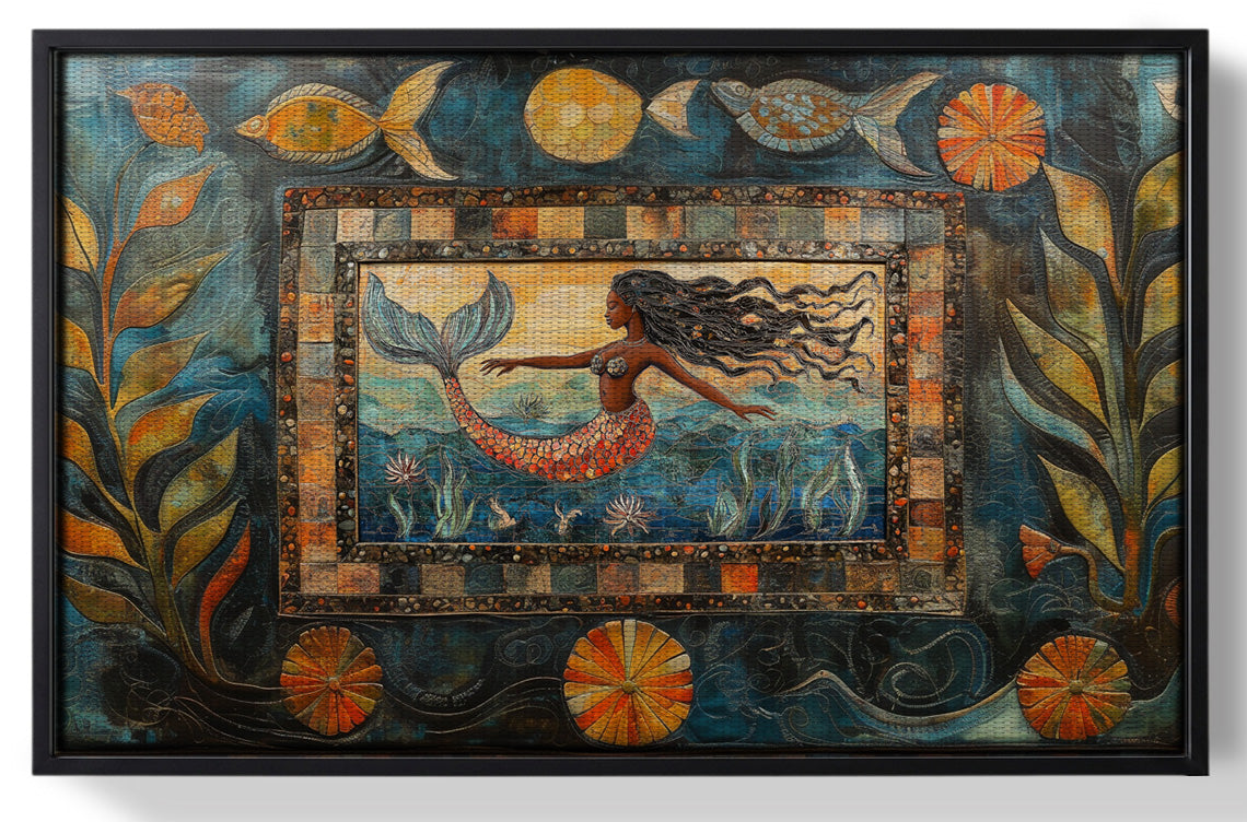 Framed Black Mermaid Folk African American canvas print for home decor