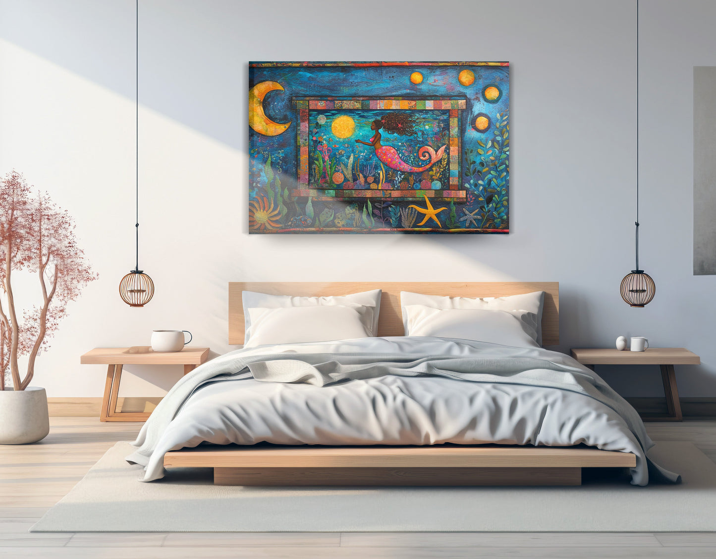 Black Mermaid Ocean Moon Caribbean wall art displayed as bedroom wall decor