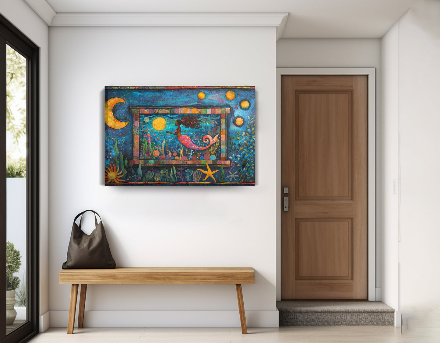 Black Mermaid Ocean Moon Caribbean wall art displayed as entryway wall decor