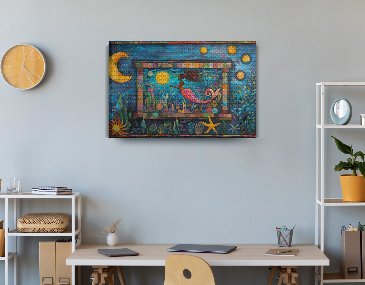 Black Mermaid Ocean Moon Caribbean wall art displayed as office wall decor