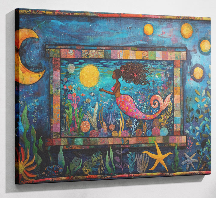 Black Mermaid Ocean Moon Caribbean wall art canvas print with visible wall art format