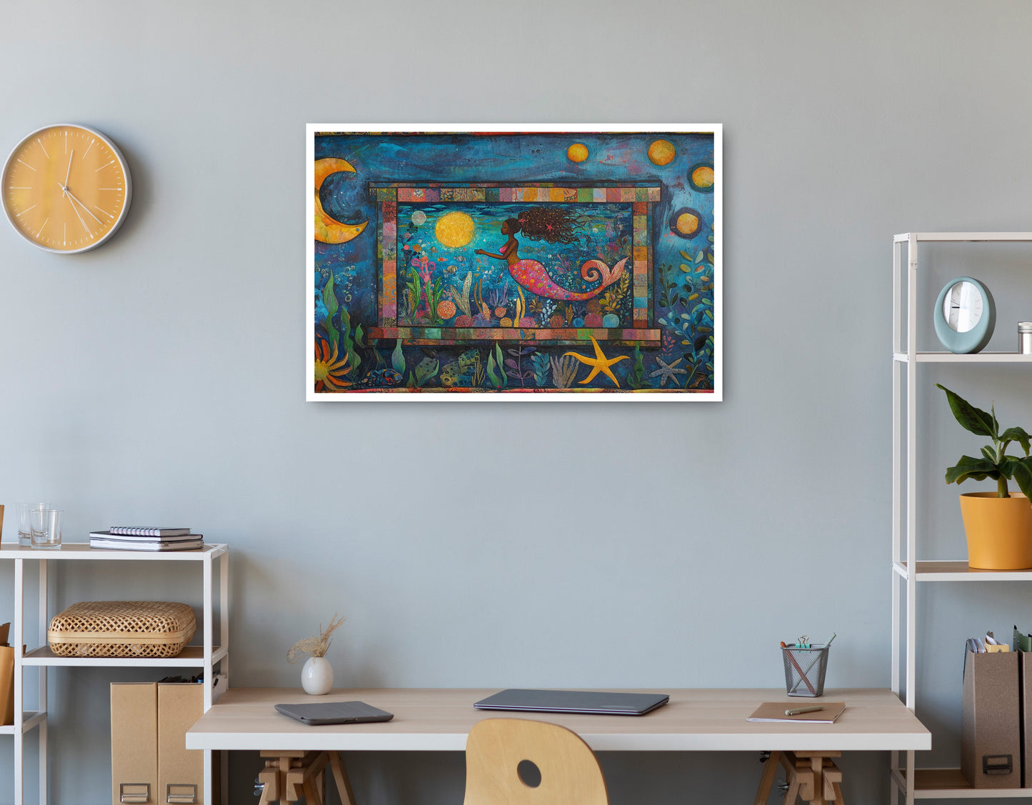 Black Mermaid Ocean Moon Caribbean wall art print view