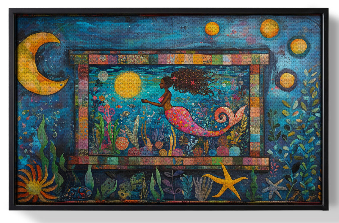 Framed Black Mermaid Ocean Moon Caribbean wall art for home decor