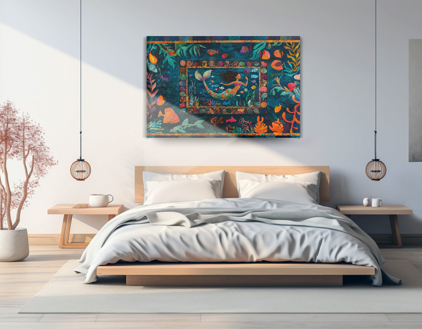 Black Mermaid Tropical Sea Caribbean wall art displayed as bedroom wall decor