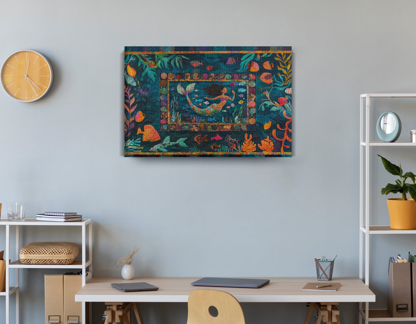 Black Mermaid Tropical Sea Caribbean wall art displayed as office wall decor