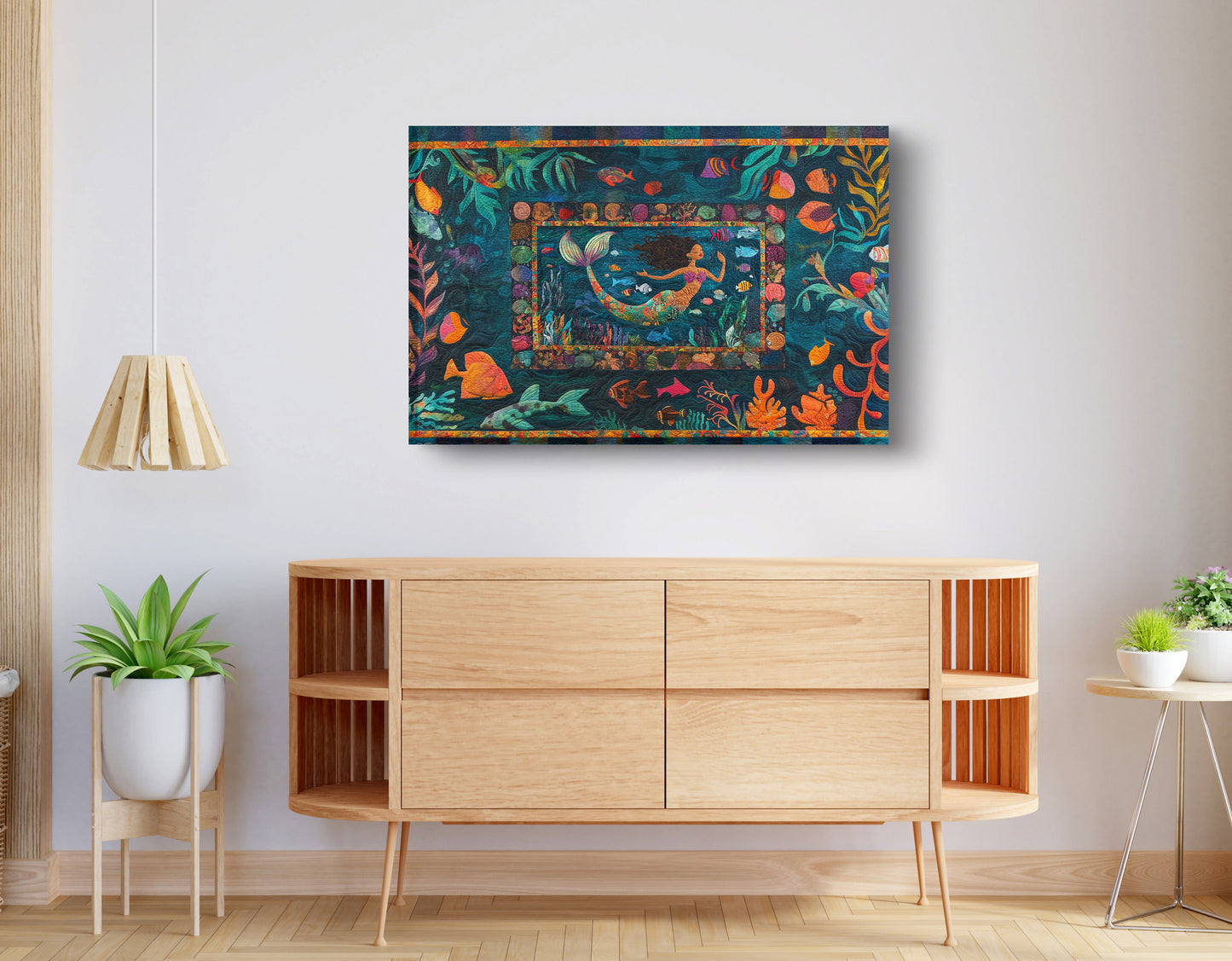 Black Mermaid Tropical Sea Caribbean wall art displayed as living room wall decor
