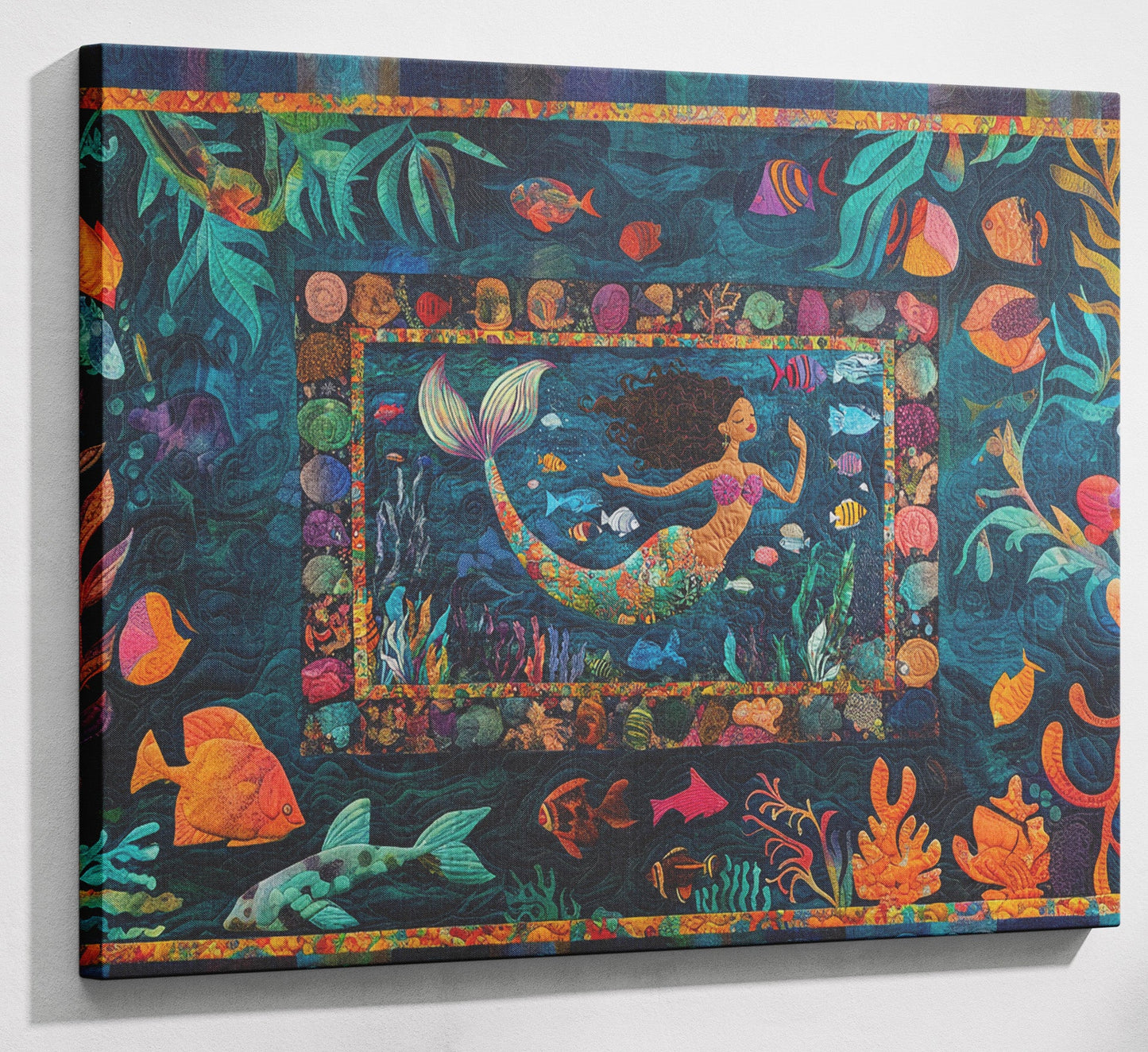 Black Mermaid Tropical Sea Caribbean wall art canvas print with visible wall art format