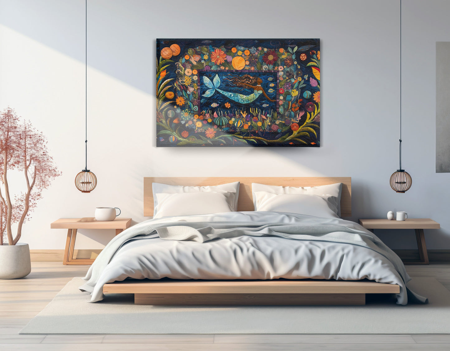 Black Mermaid Floral Ocean Caribbean wall art displayed as bedroom wall decor