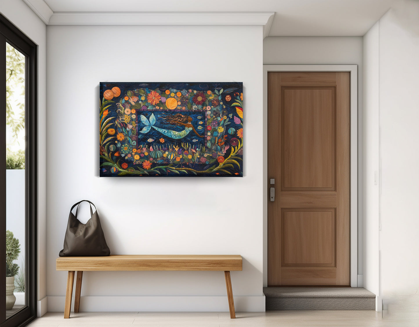 Black Mermaid Floral Ocean Caribbean wall art displayed as entryway wall decor
