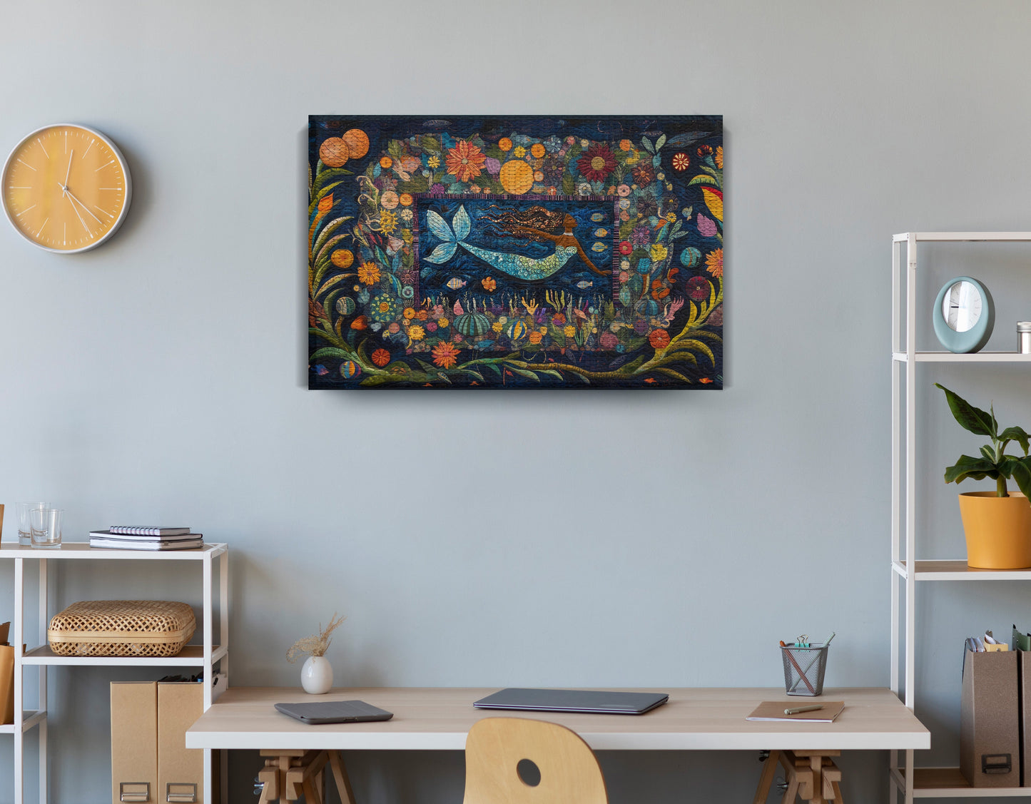 Black Mermaid Floral Ocean Caribbean wall art displayed as office wall decor