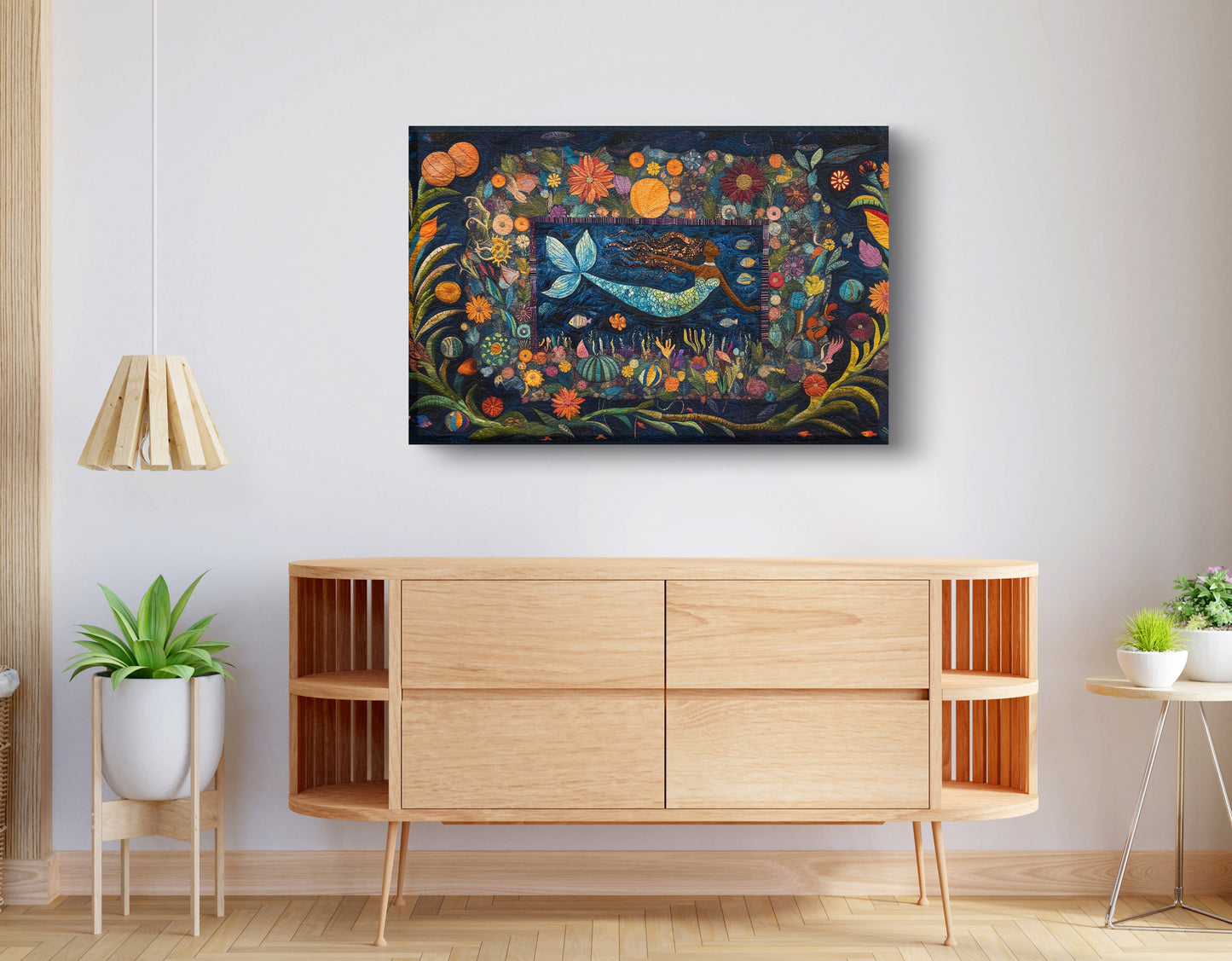 Black Mermaid Floral Ocean Caribbean wall art displayed as living room wall decor