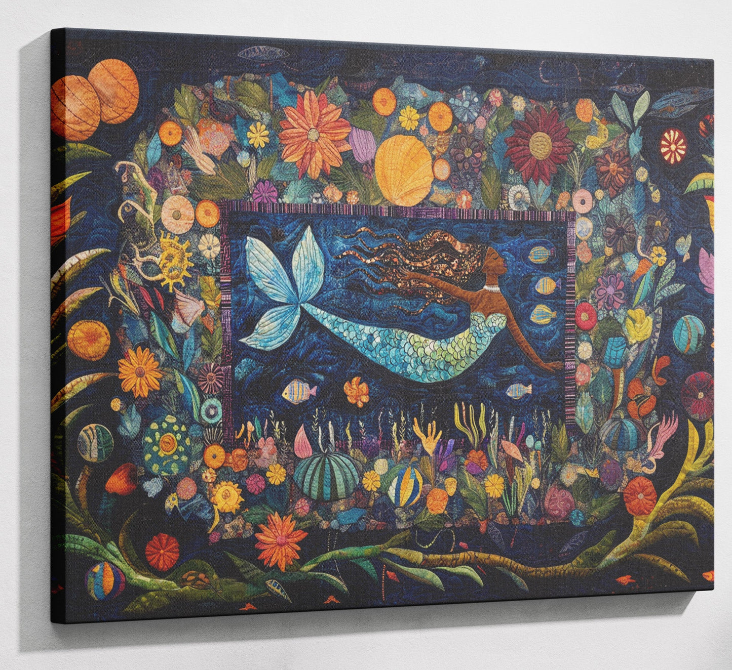 Black Mermaid Floral Ocean Caribbean wall art canvas print with visible wall art format