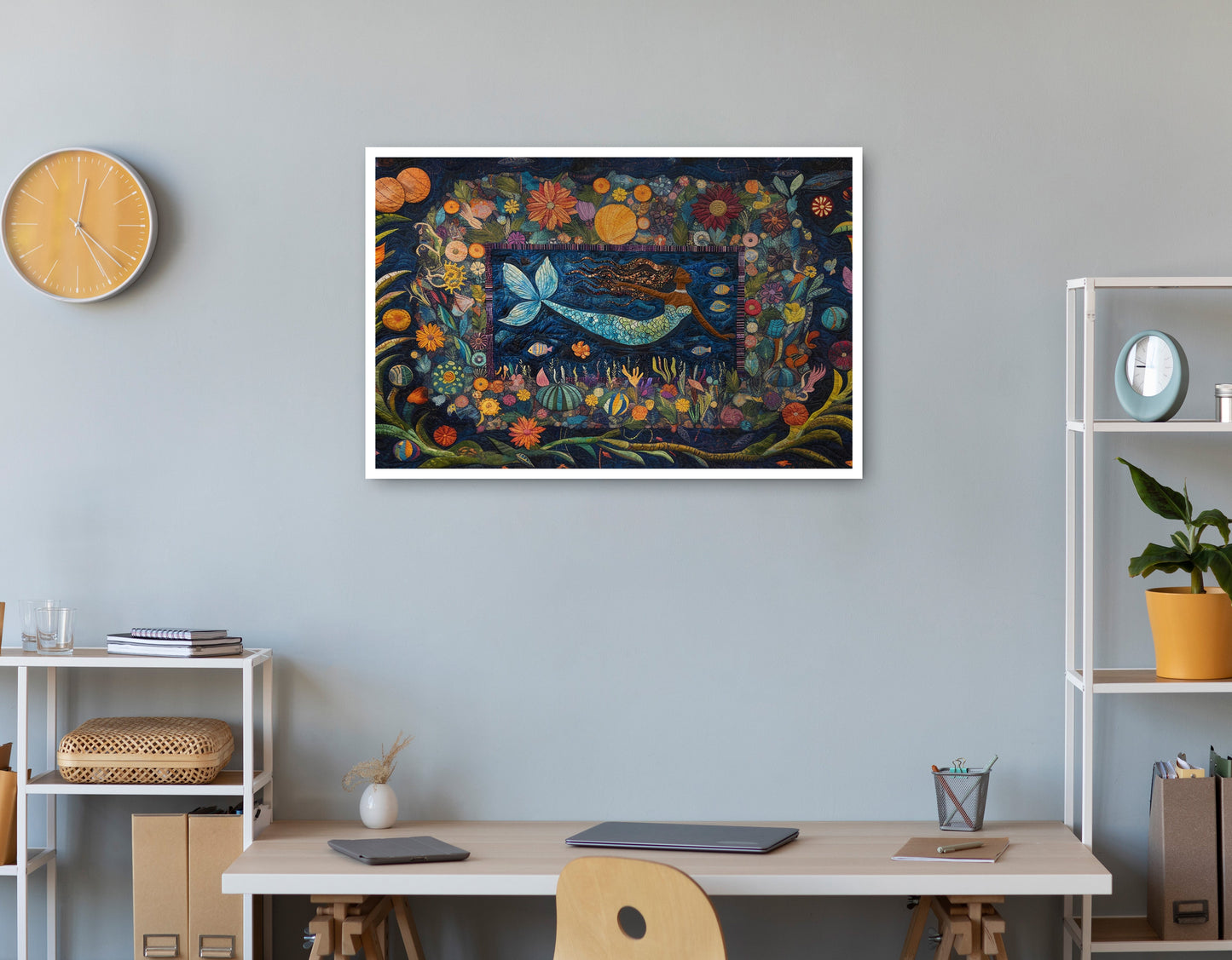 Black Mermaid Floral Ocean Caribbean wall art print view