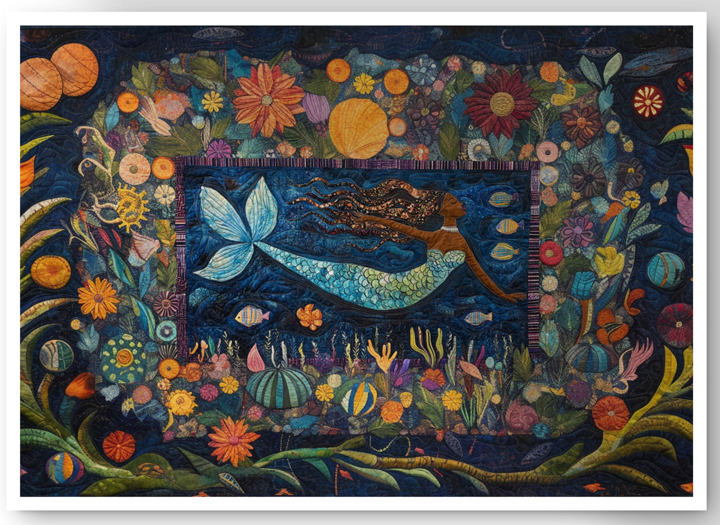 Black Mermaid Floral Ocean Caribbean wall art canvas print by MoomZee Artwork