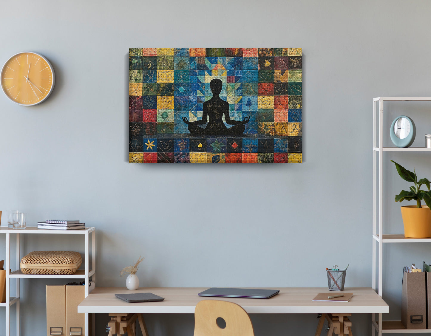 Black Woman Meditation African American wall art displayed as office wall decor