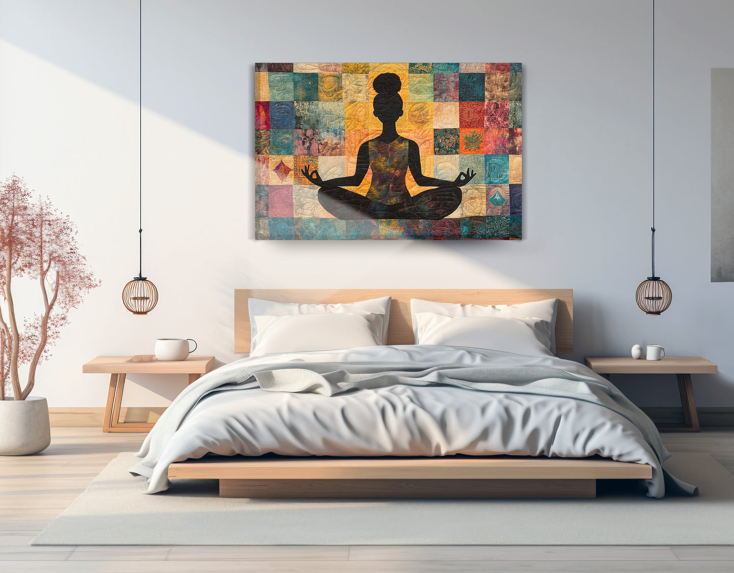 Black Woman Yoga Meditation African American wall art displayed as bedroom wall decor