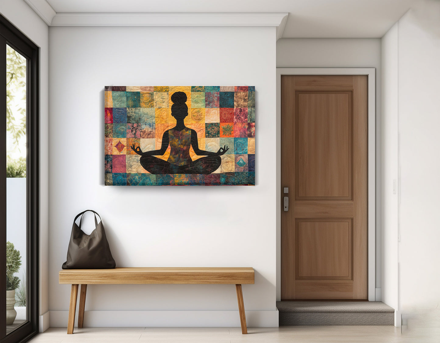 Black Woman Yoga Meditation African American wall art displayed as entryway wall decor