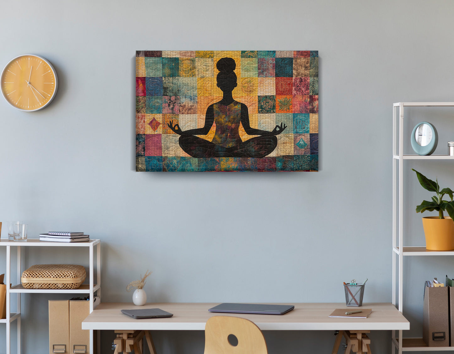 Black Woman Yoga Meditation African American wall art displayed as office wall decor