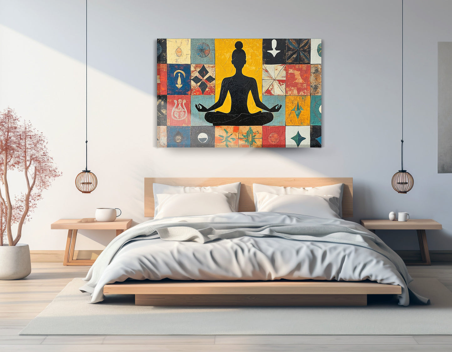 Black Woman Meditation Abstract African American wall art displayed as bedroom wall decor