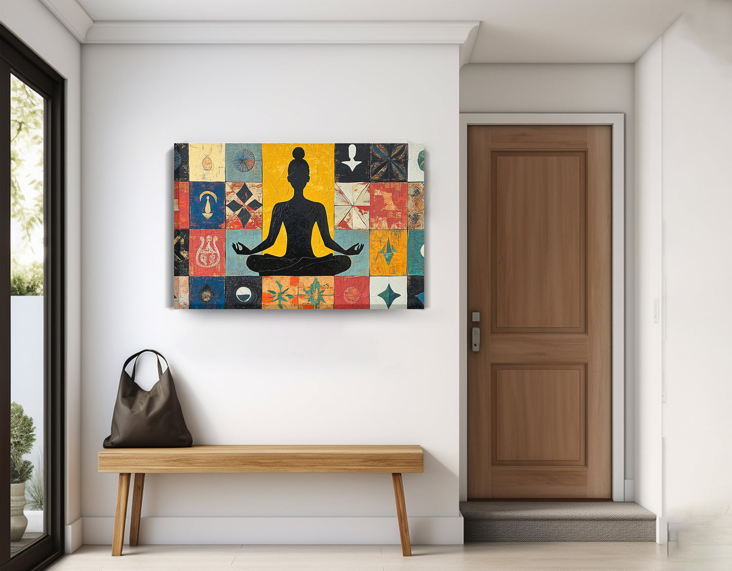 Black Woman Meditation Abstract African American wall art displayed as entryway wall decor