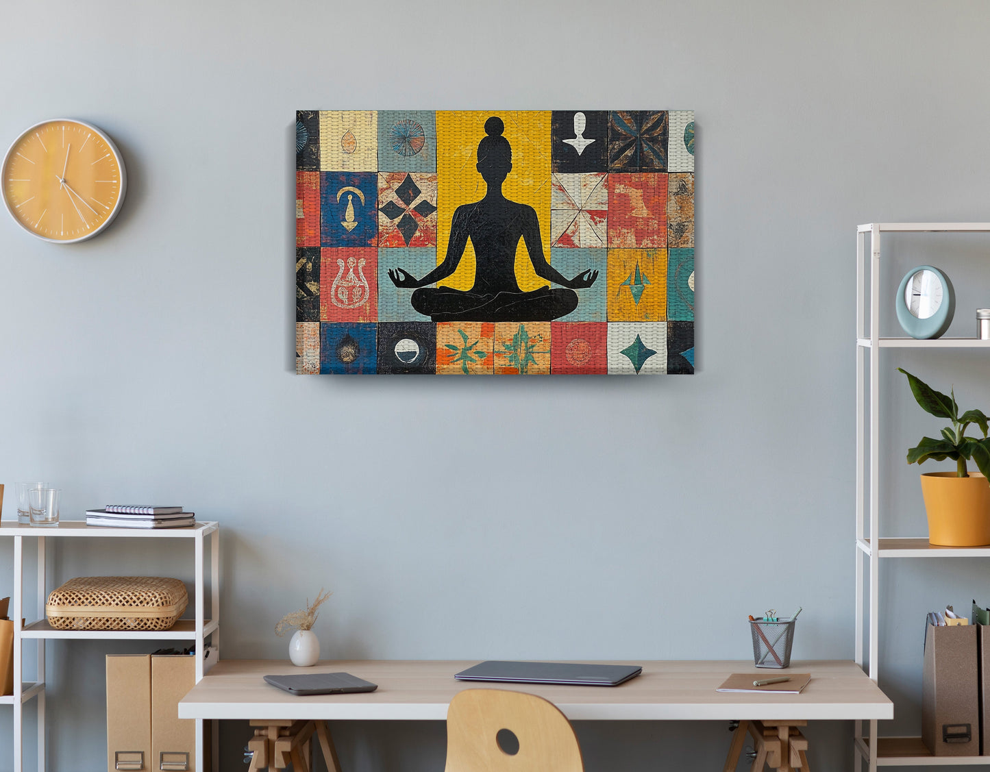 Black Woman Meditation Abstract African American wall art displayed as office wall decor