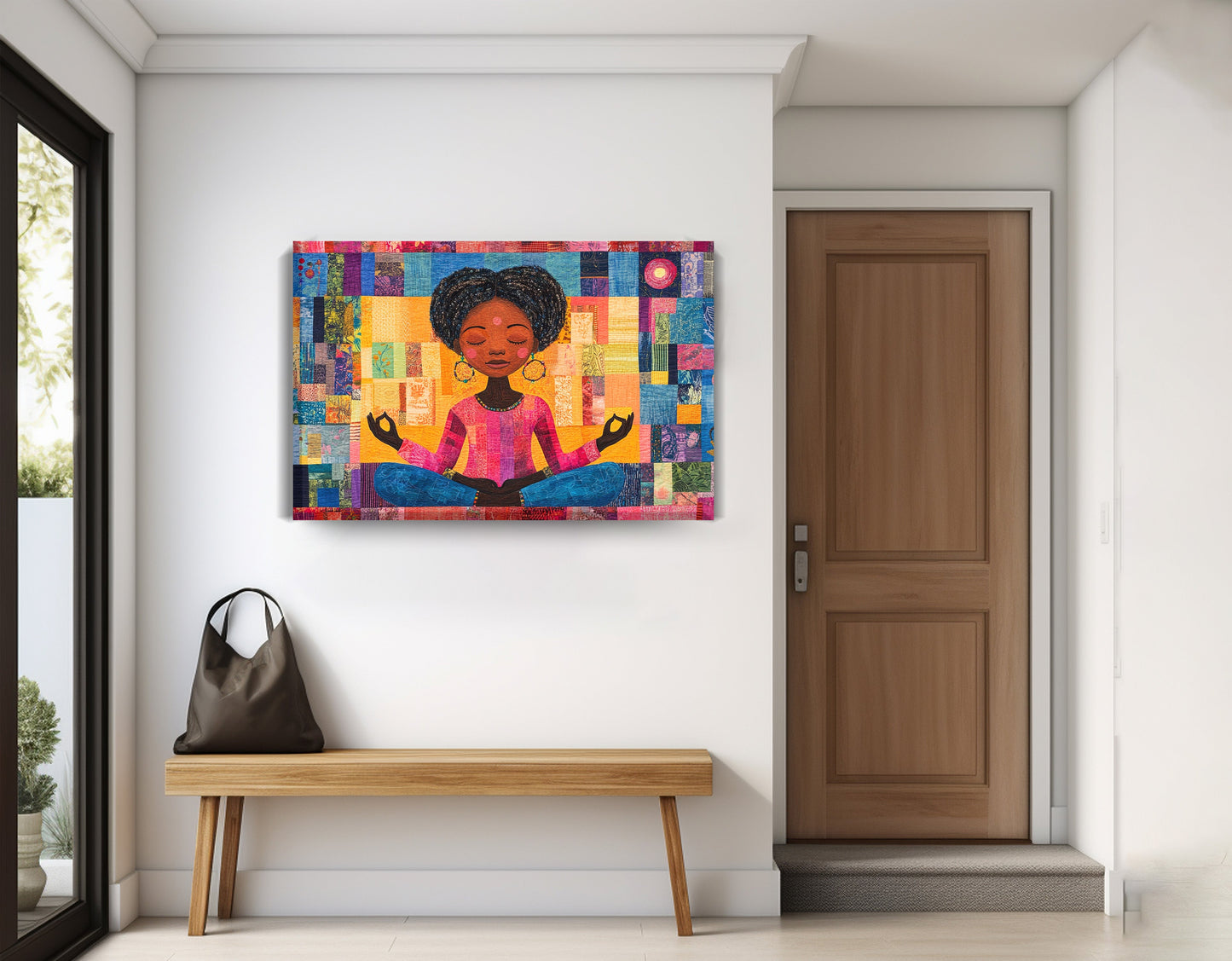 Black Girl Meditation Black children wall art displayed as entryway wall decor