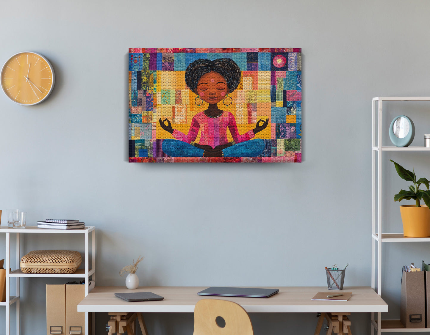 Black Girl Meditation Black children wall art displayed as office wall decor