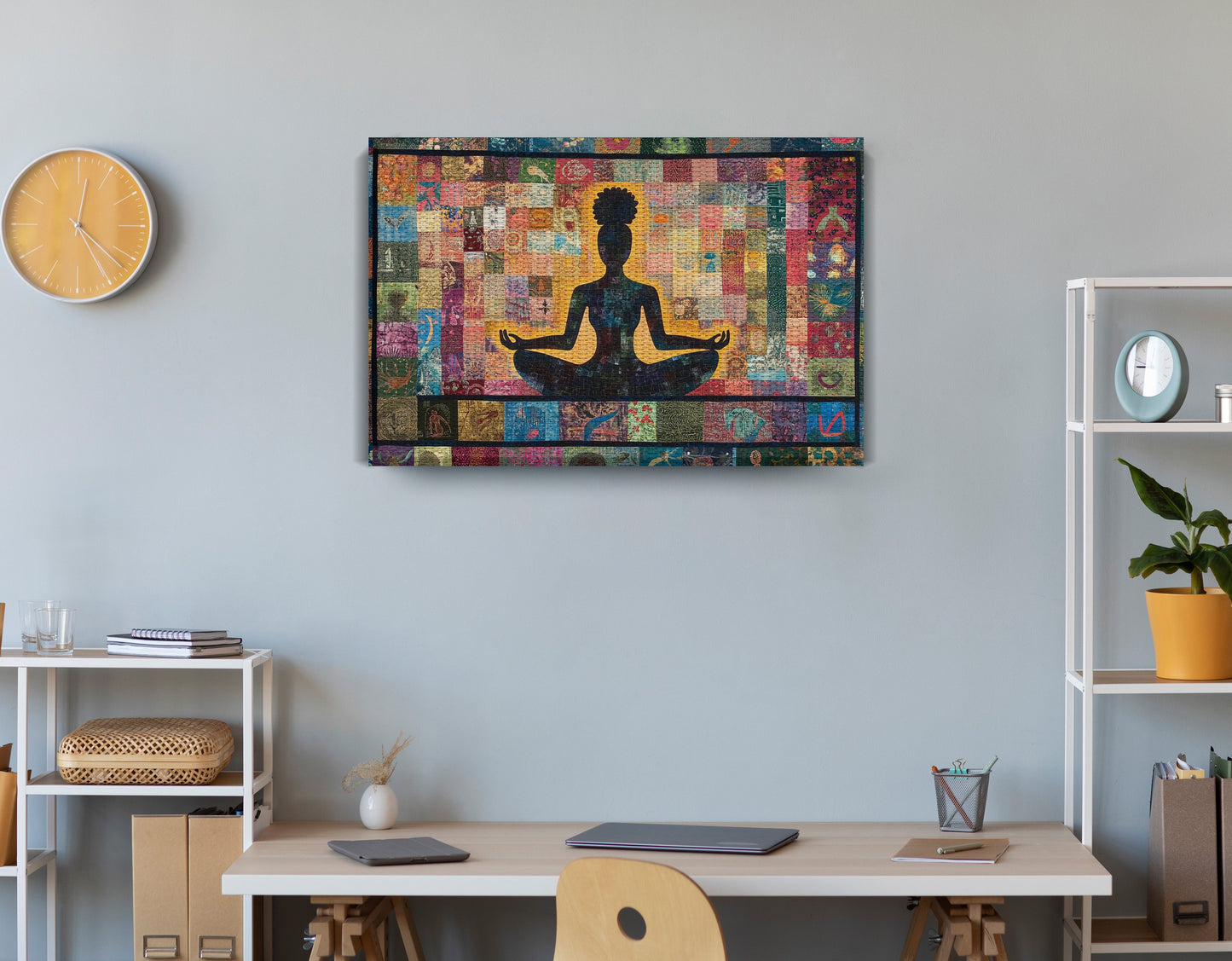 Black Woman Chakra Meditation African American wall art displayed as office wall decor