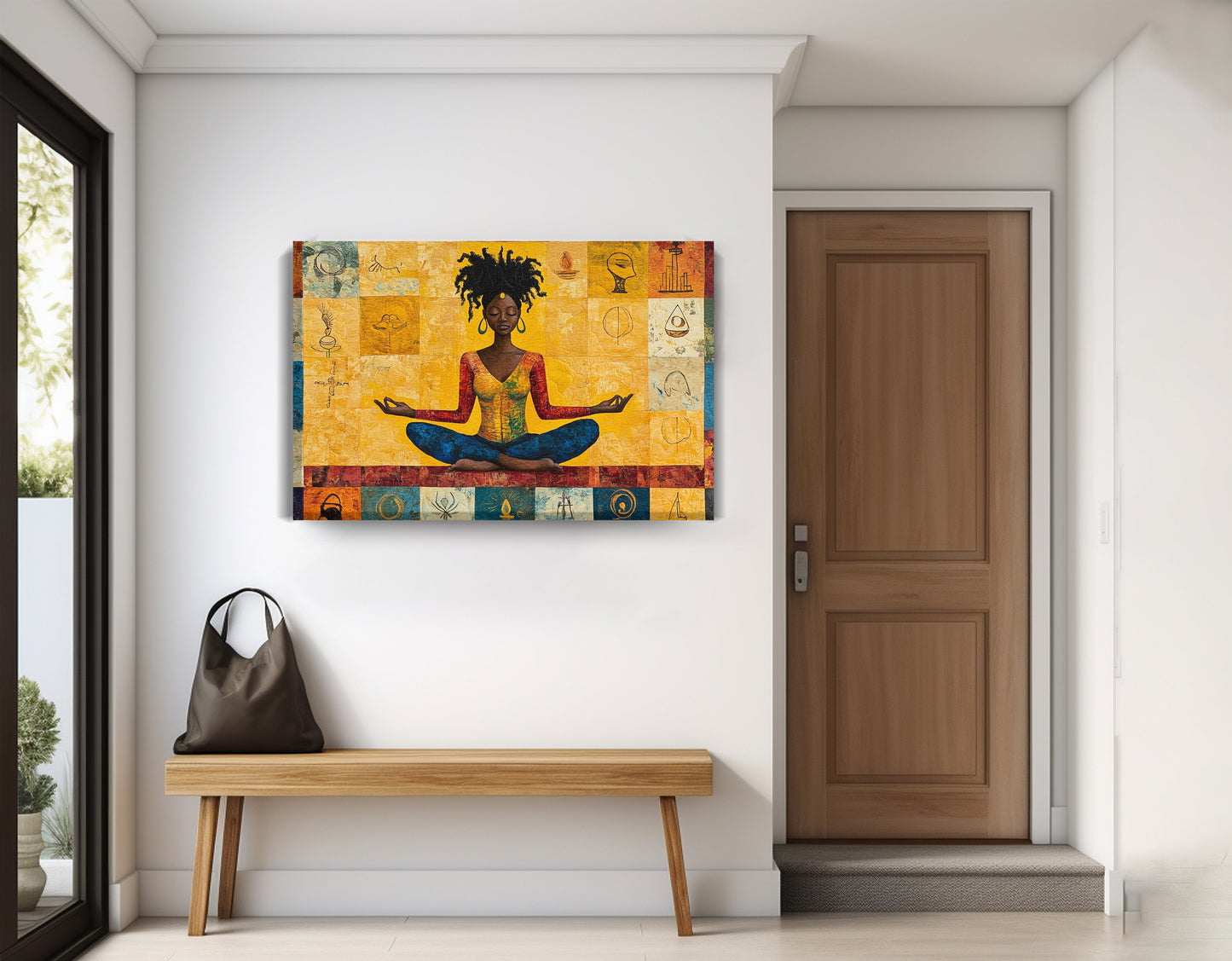 Black Woman Yoga African American wall art displayed as entryway wall decor