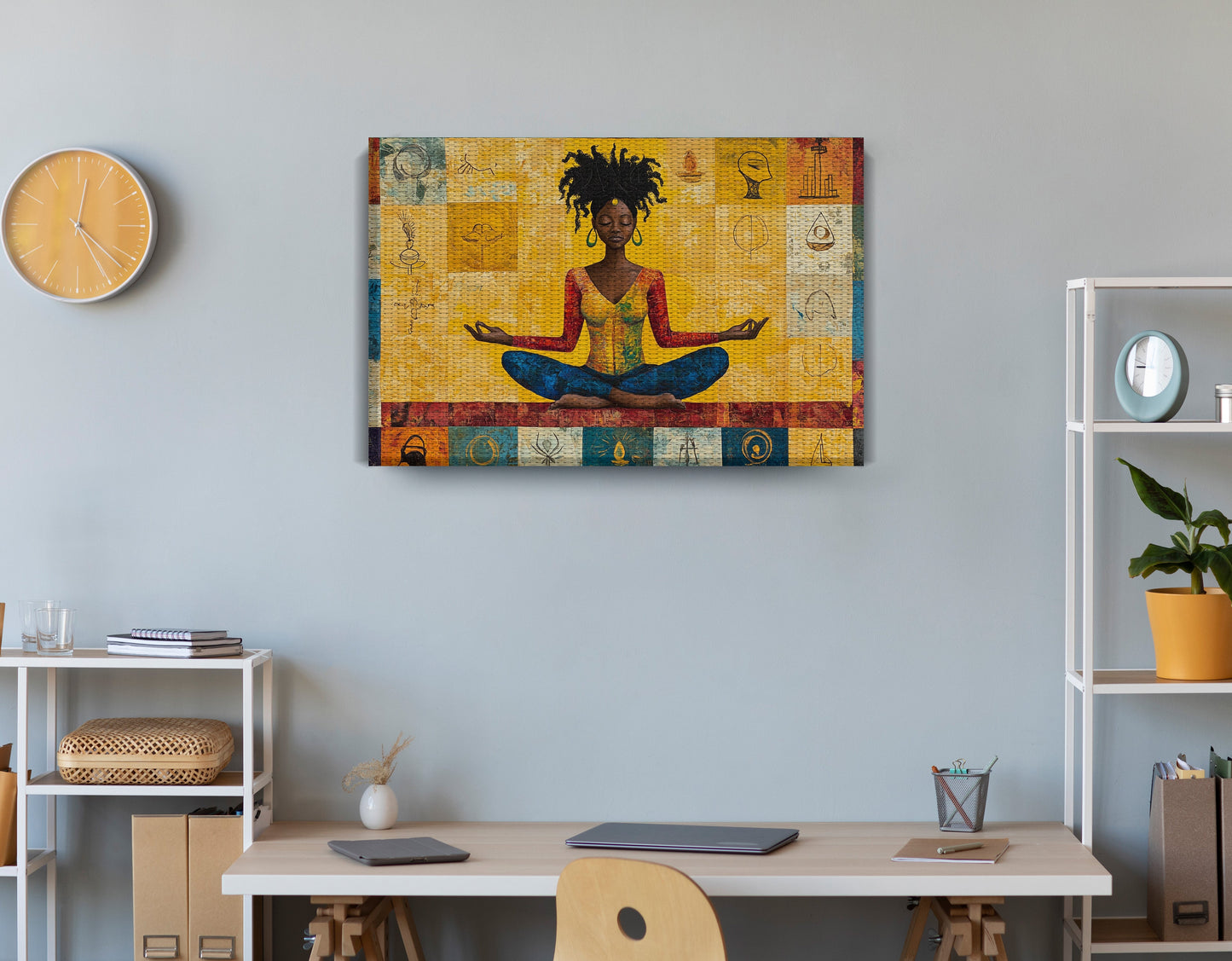 Black Woman Yoga African American wall art displayed as office wall decor