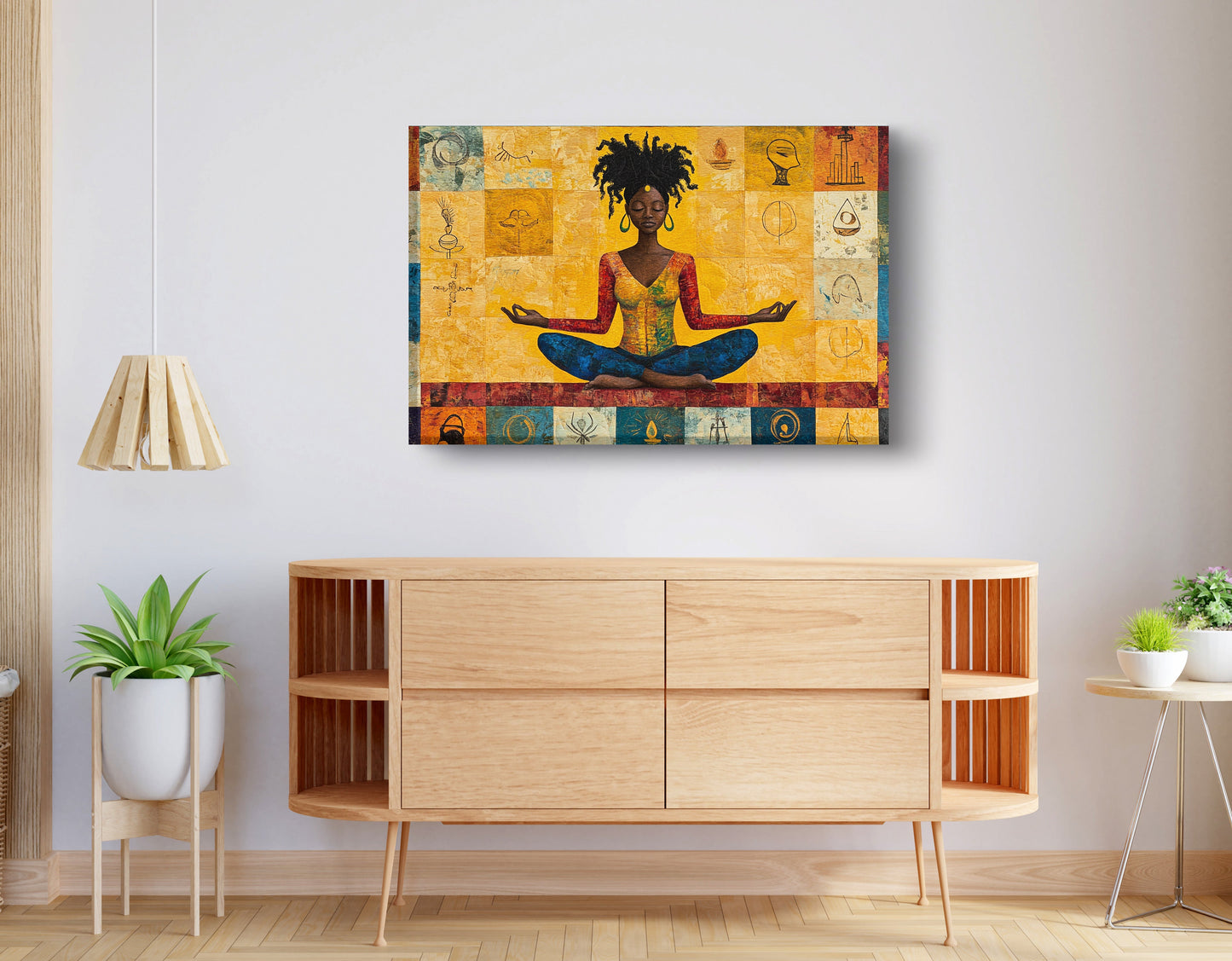 Black Woman Yoga African American wall art displayed as living room wall decor