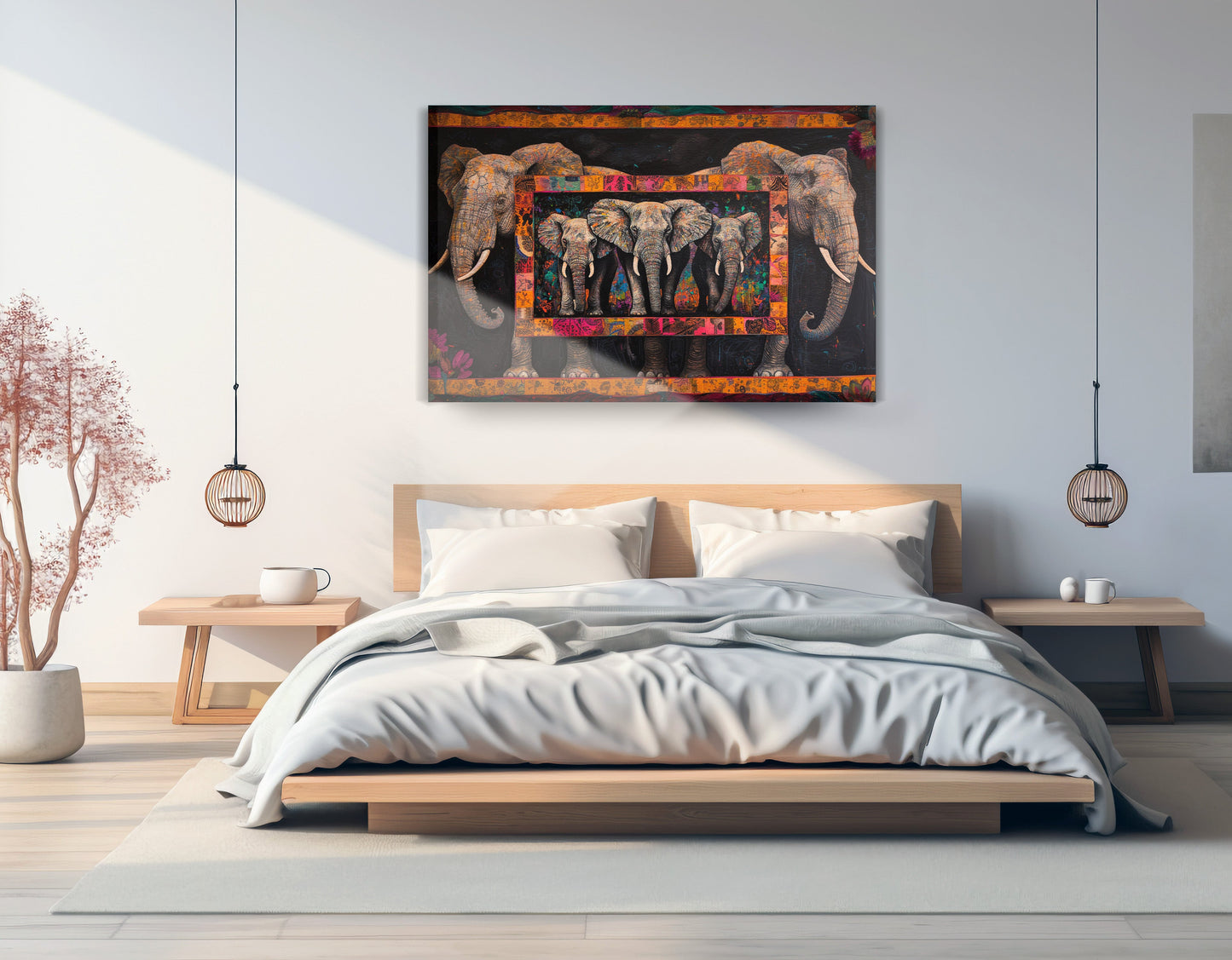 Elephant Family African American canvas print displayed as bedroom wall decor