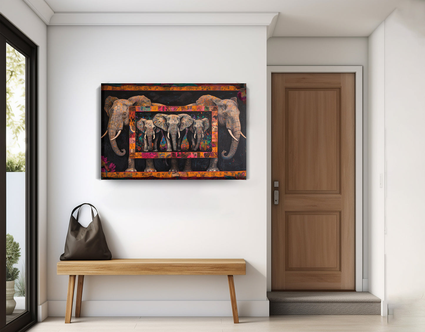 Elephant Family African American canvas print displayed as entryway wall decor