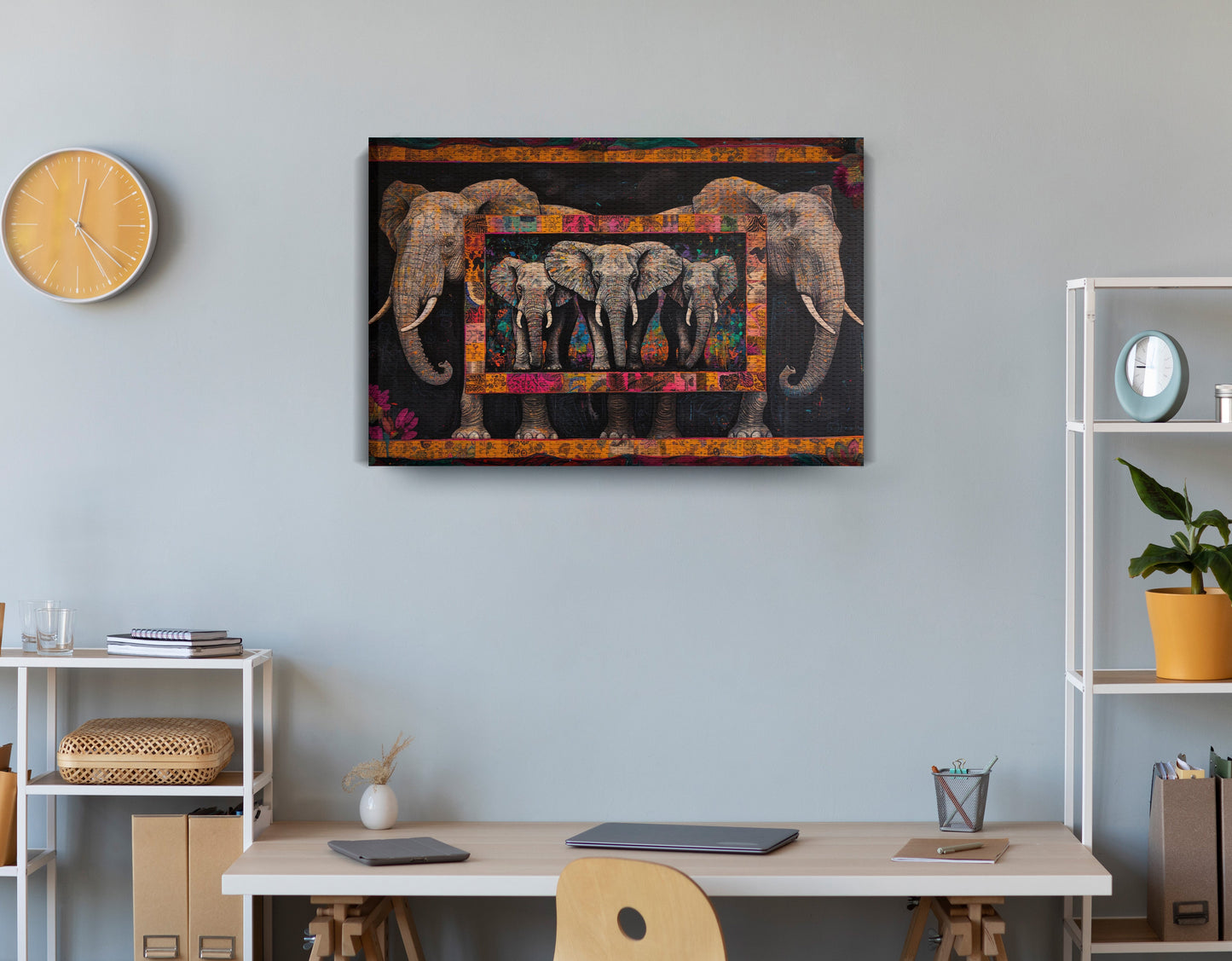 Elephant Family African American canvas print displayed as office wall decor