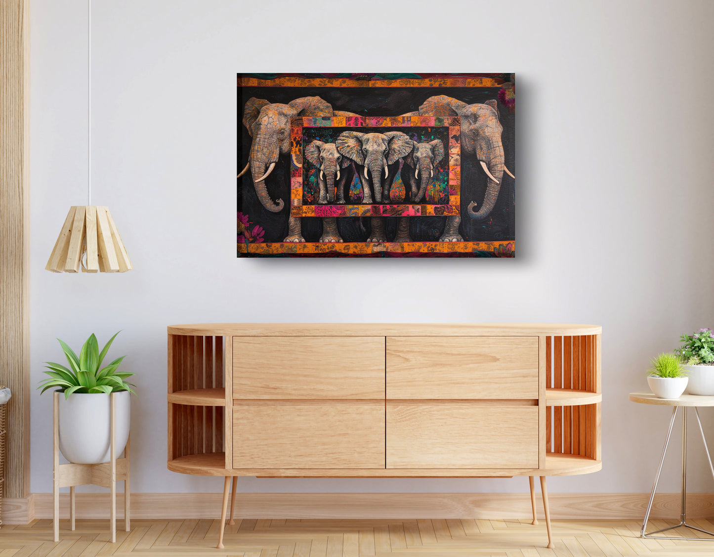 Elephant Family African American canvas print displayed as living room wall decor