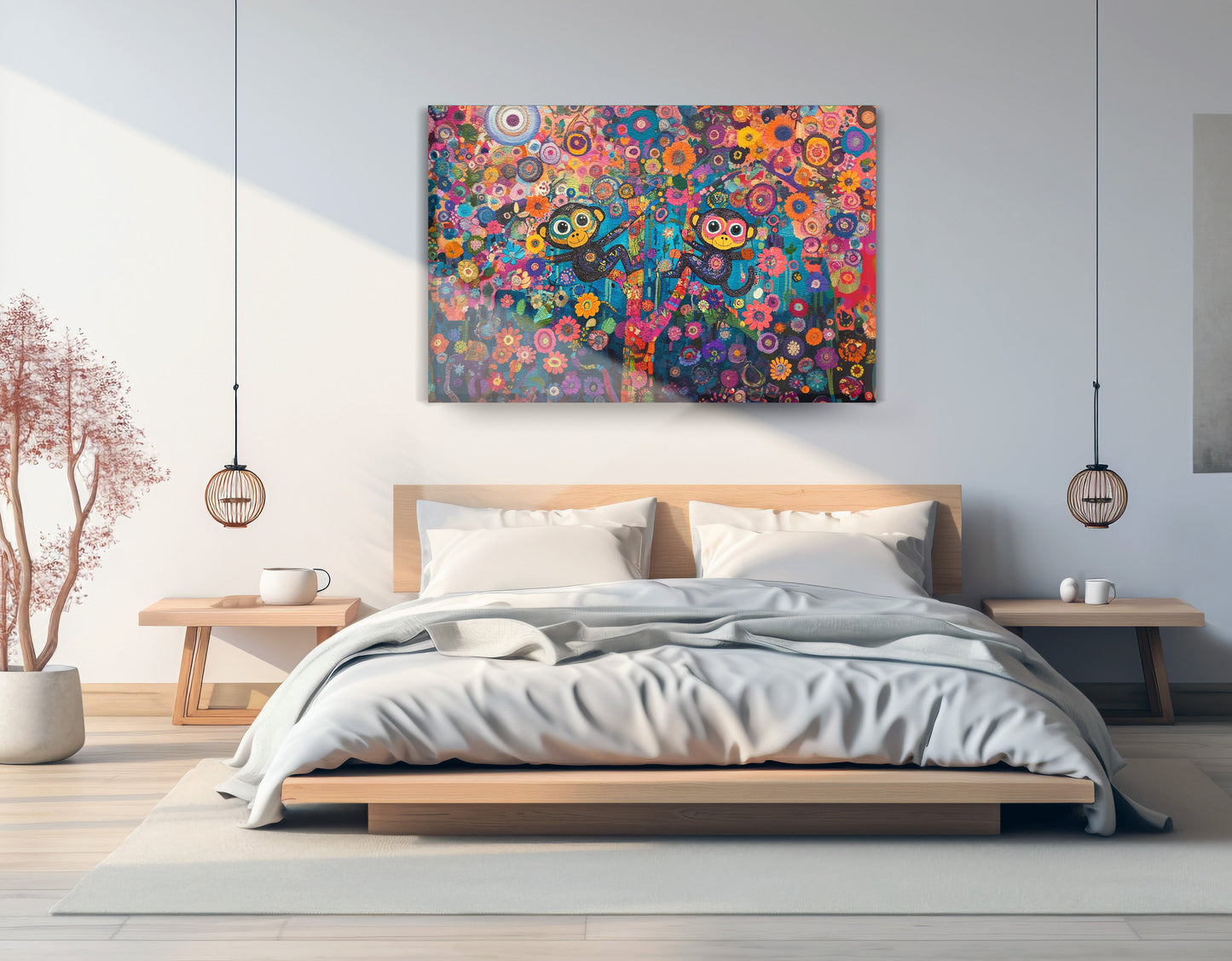 Monkey Floral Folk Black African American canvas print displayed as bedroom wall decor