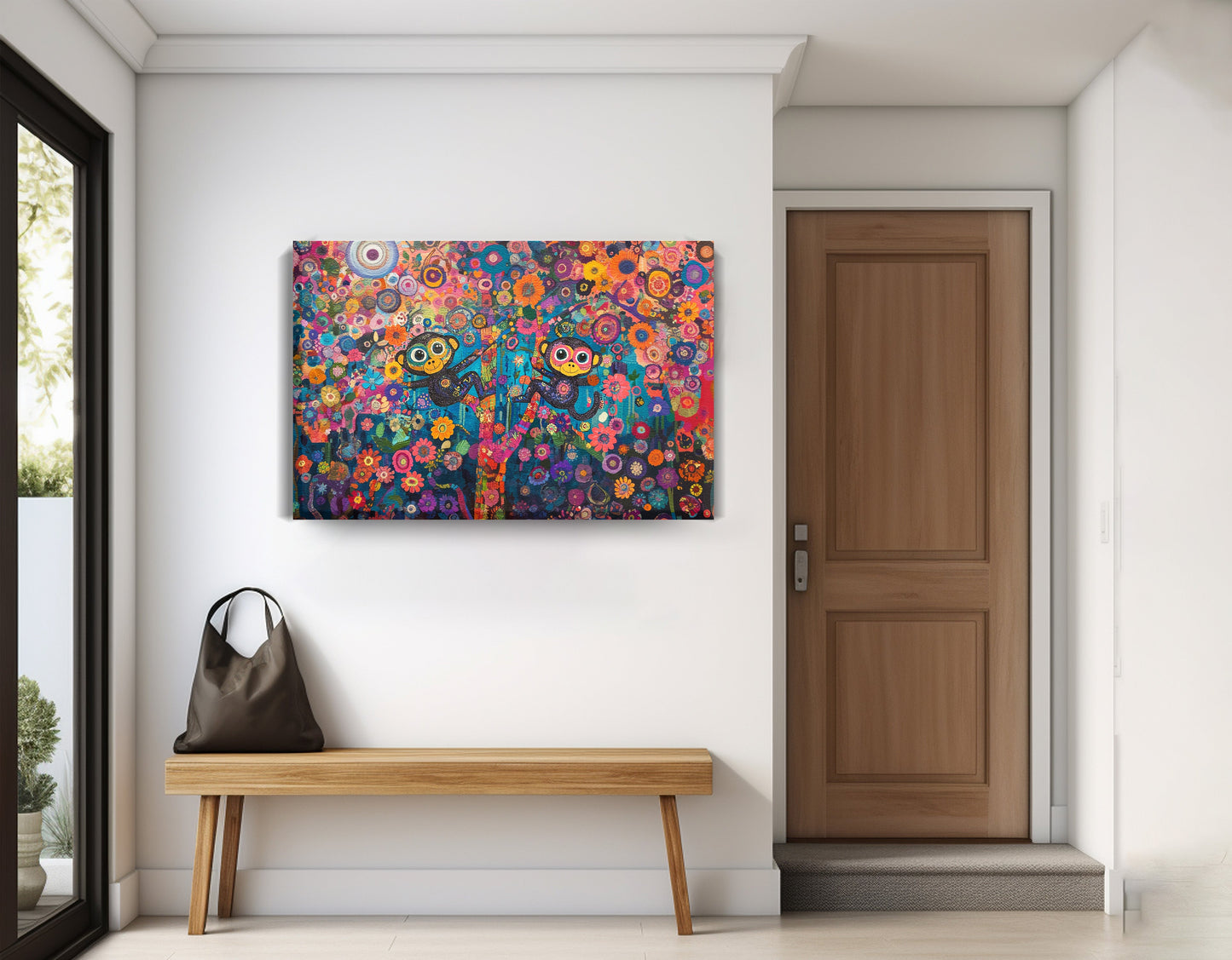 Monkey Floral Folk Black African American canvas print displayed as entryway wall decor