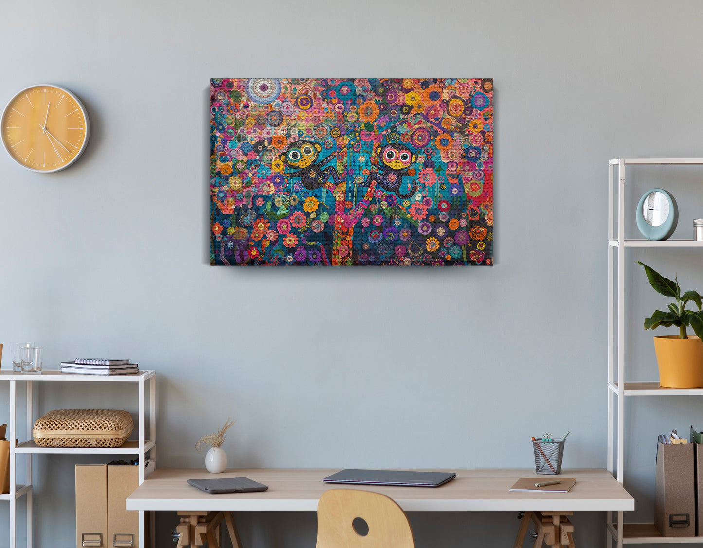 Monkey Floral Folk Black African American canvas print displayed as office wall decor