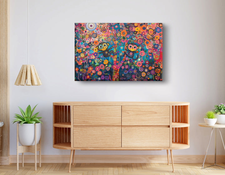 Monkey Floral Folk Art Black Wall Art