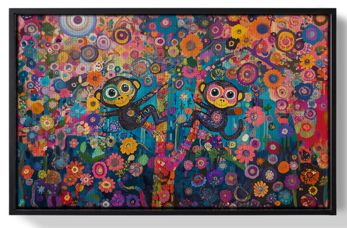 Framed Monkey Floral Folk Black African American canvas print for home decor