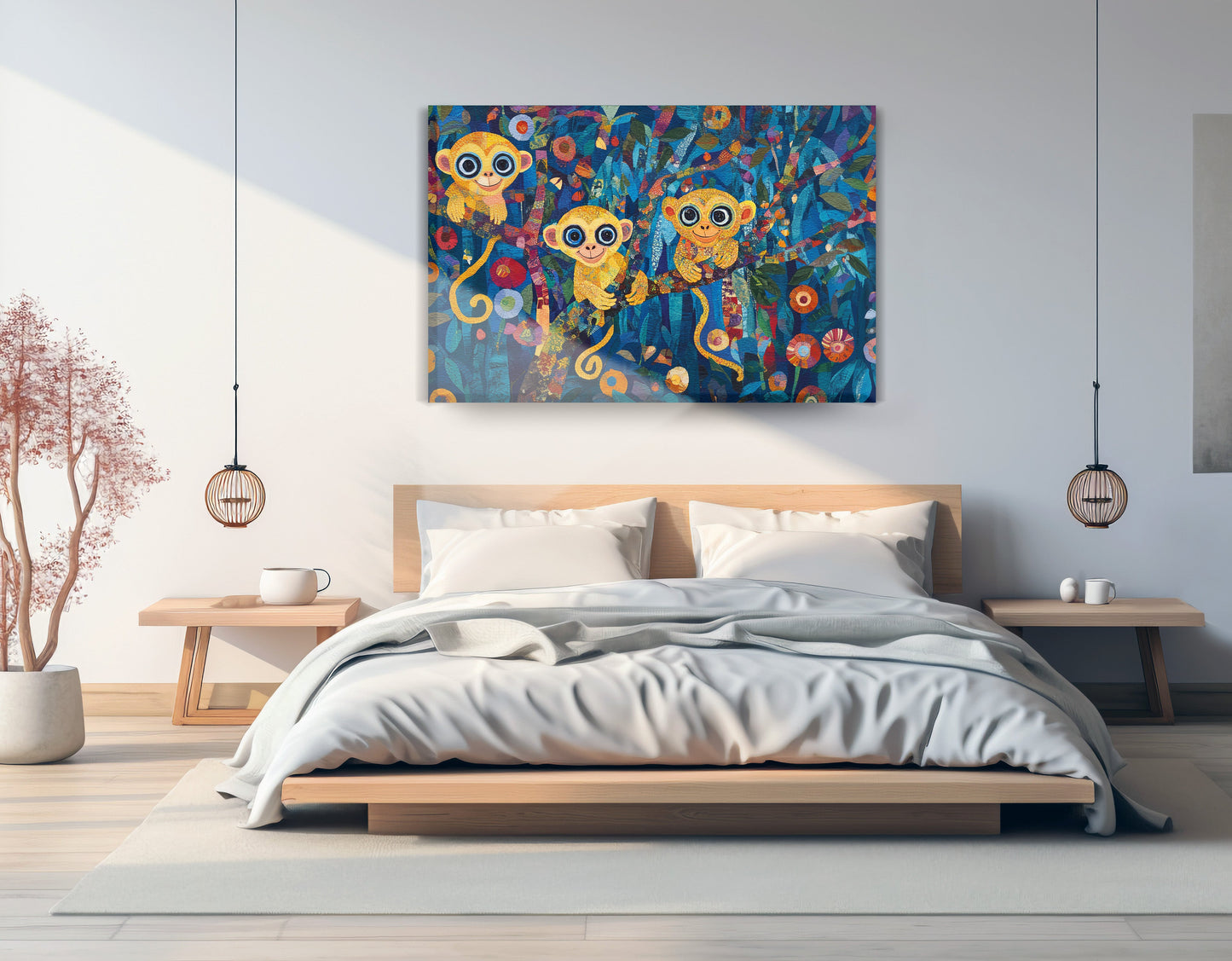 Three Monkeys Floral Folk Black African American canvas print displayed as bedroom wall decor