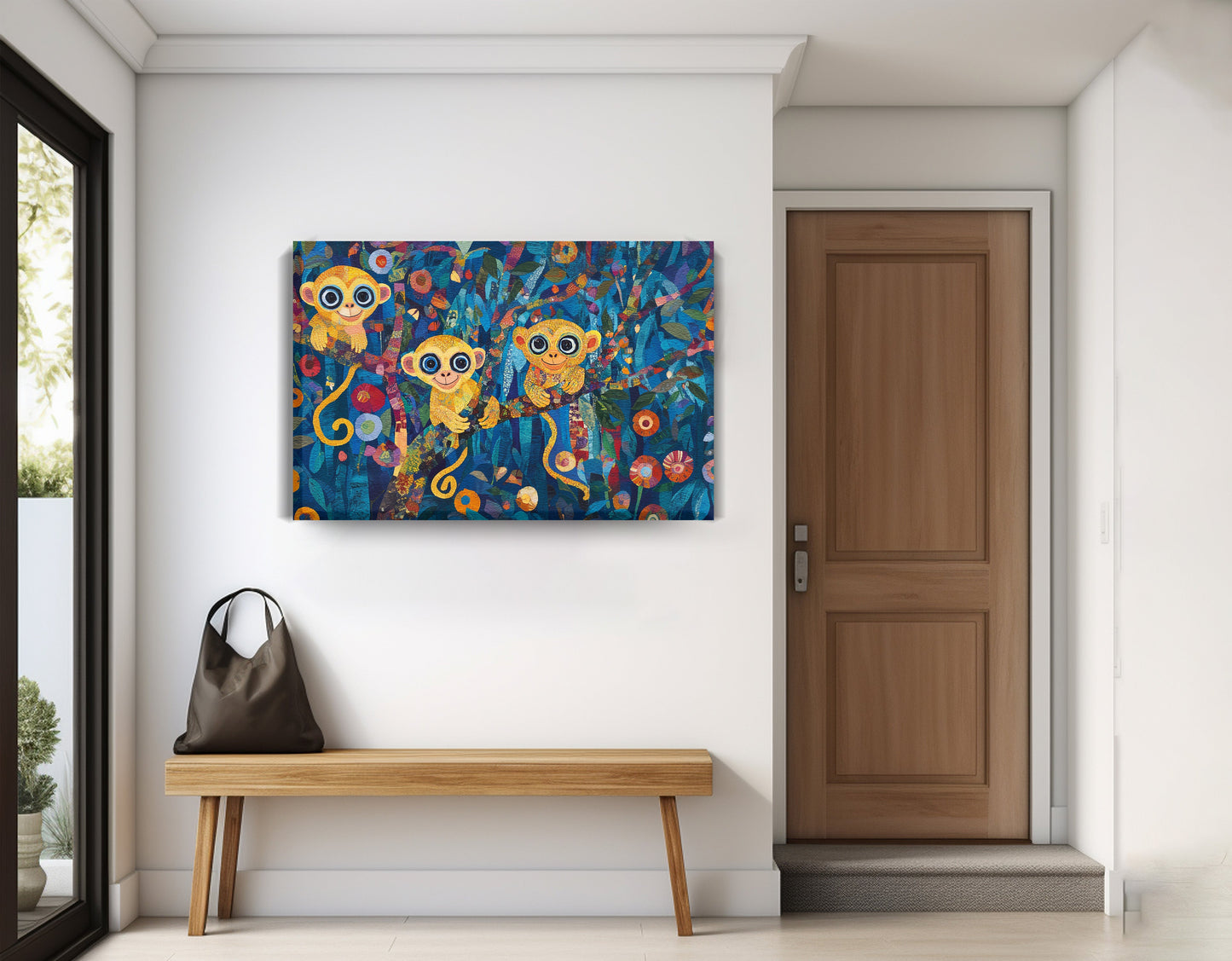 Three Monkeys Floral Folk Black African American canvas print displayed as entryway wall decor