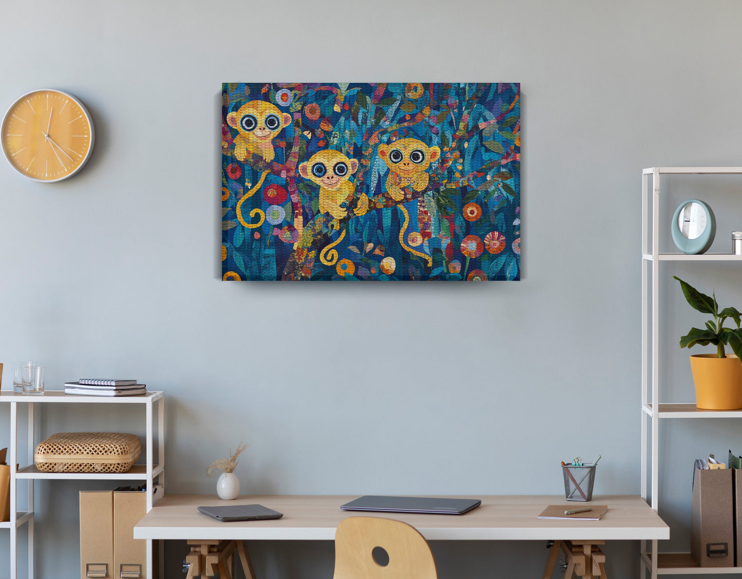 Three Monkeys Floral Folk Black African American canvas print displayed as office wall decor