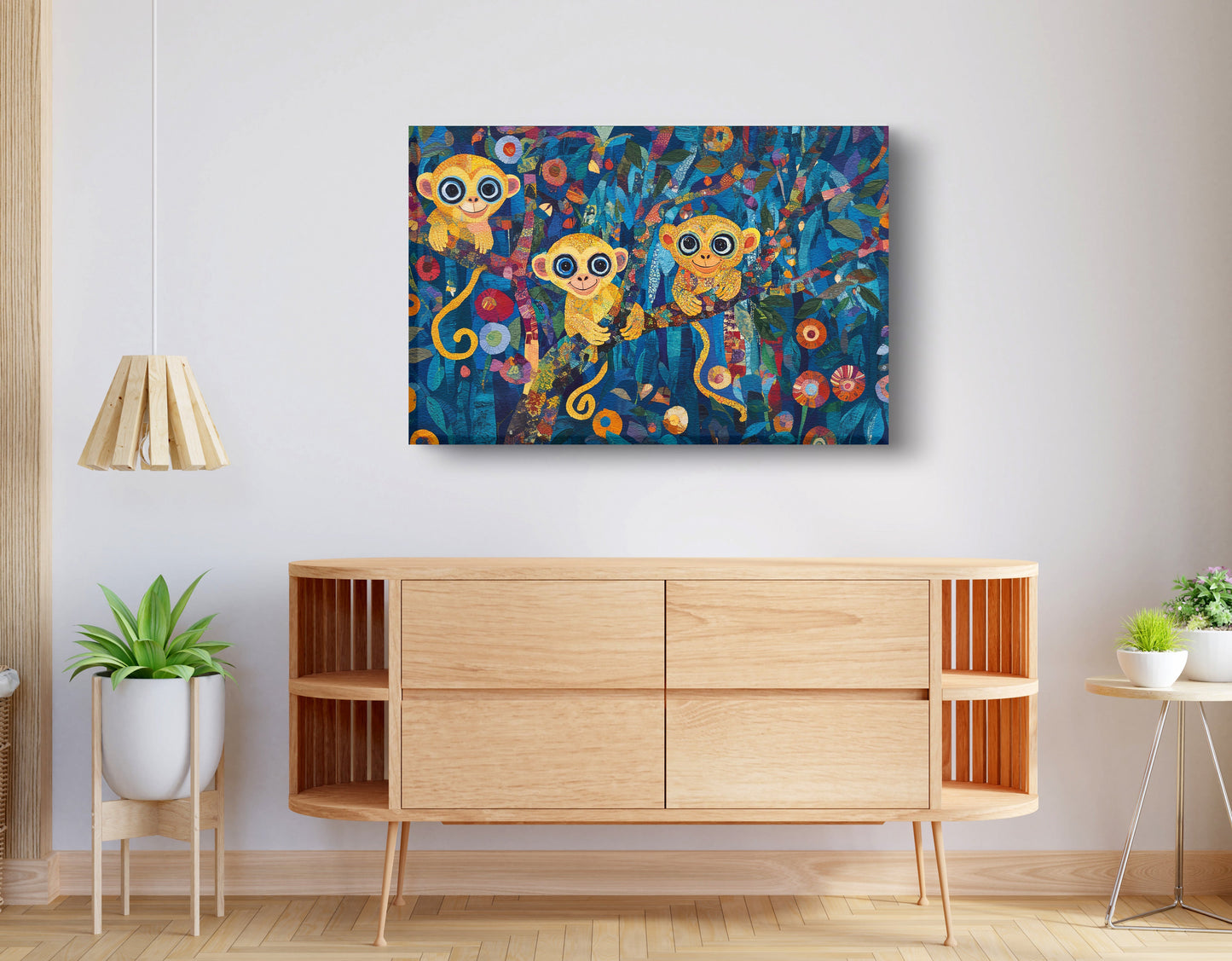 Three Monkeys Floral Folk Black African American canvas print displayed as living room wall decor