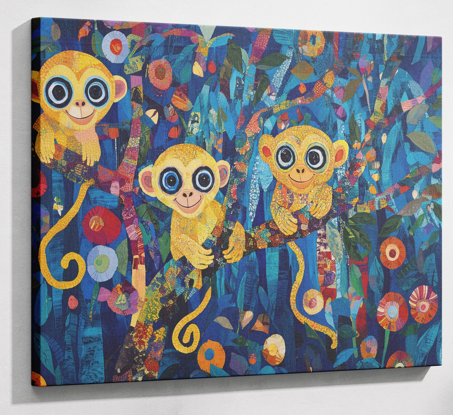 Three Monkeys Floral Folk Black African American canvas print canvas print with visible wall art format