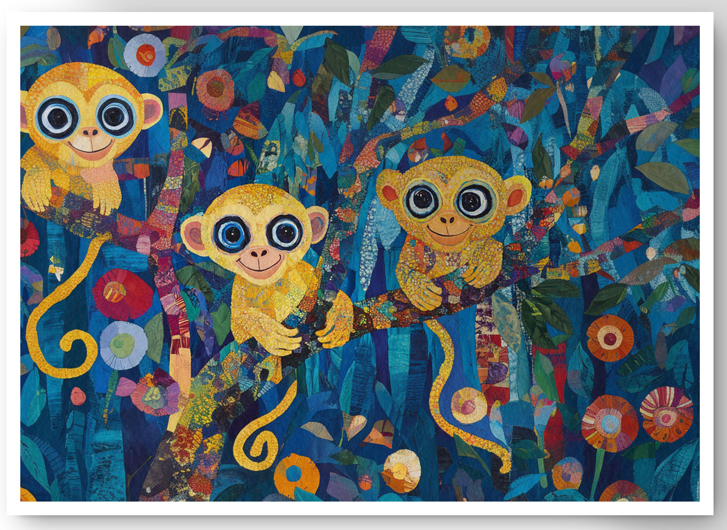 Three Monkeys Floral Folk Black African American canvas print by MoomZee Artwork