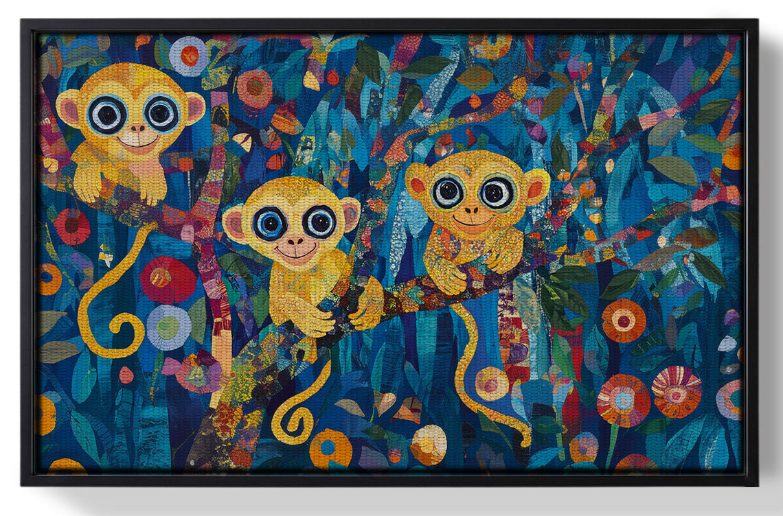 Framed Three Monkeys Floral Folk Black African American canvas print for home decor